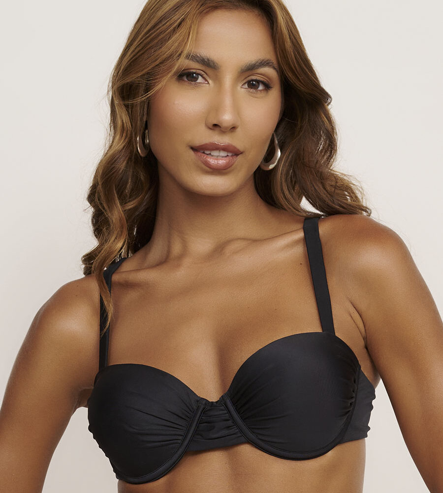 Top bustiê meia taça preto Classic em microfibra lisa com bojos e alças fixas