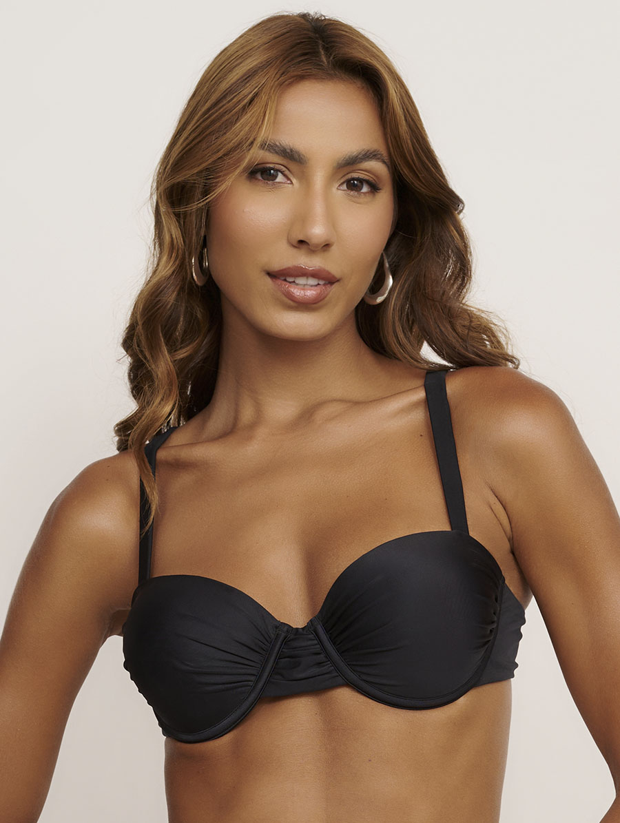 Top bustiê meia taça preto Classic em microfibra lisa com bojos e alças fixas