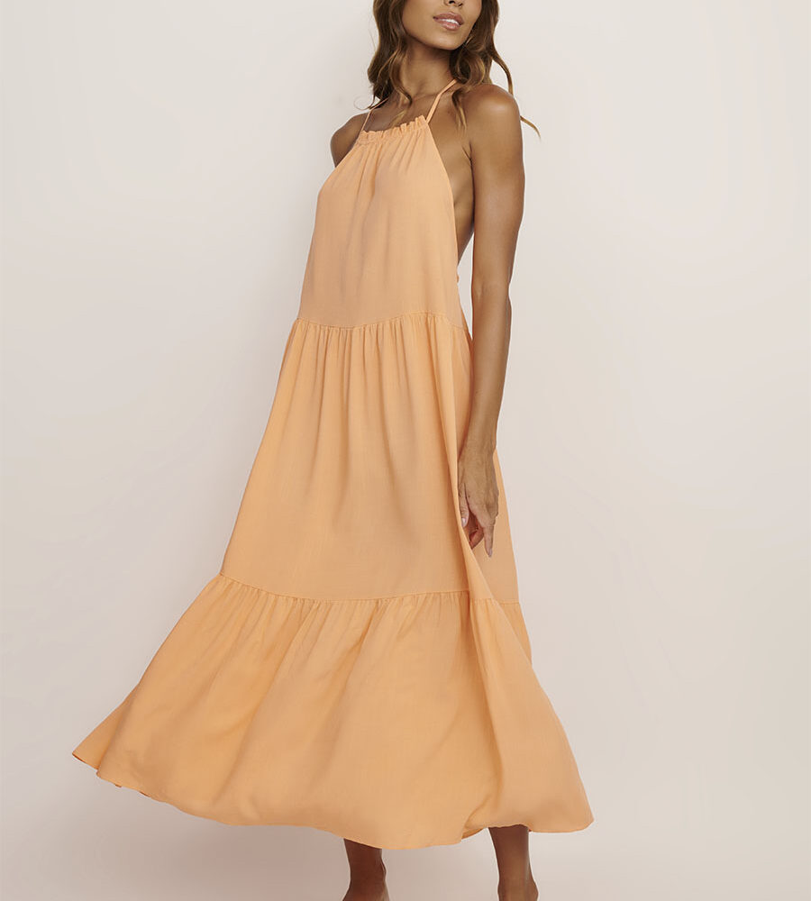 Vestido longo frente única estampa Verano em tecido leve.