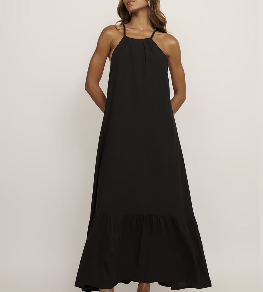 Vestido longo preto frente única em viscose, elegante e sofisticado