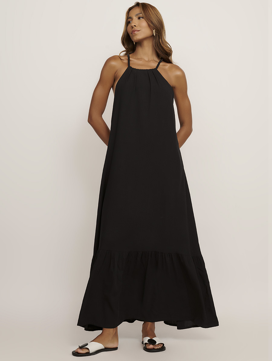 Vestido longo preto frente única em viscose, elegante e sofisticado