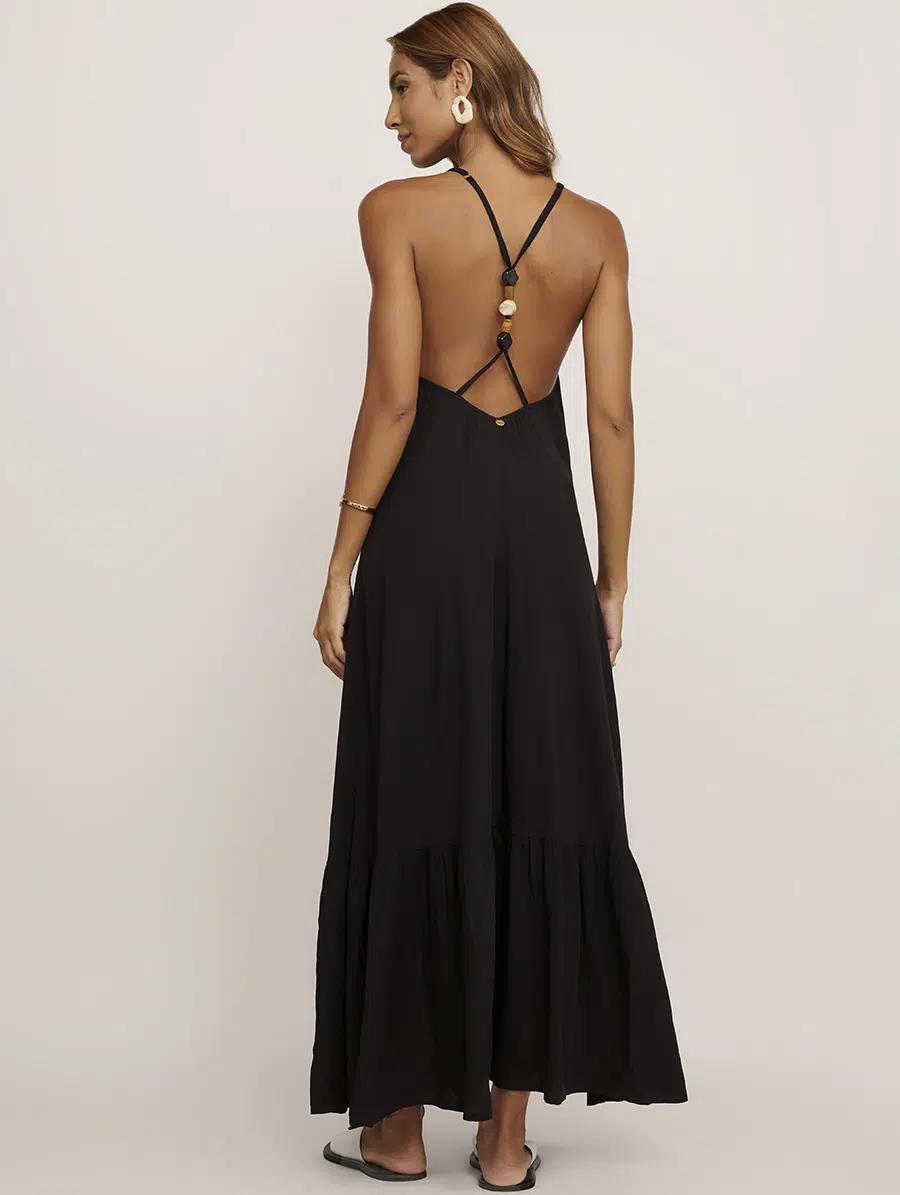 Vestido longo preto frente única em viscose, elegante e sofisticado