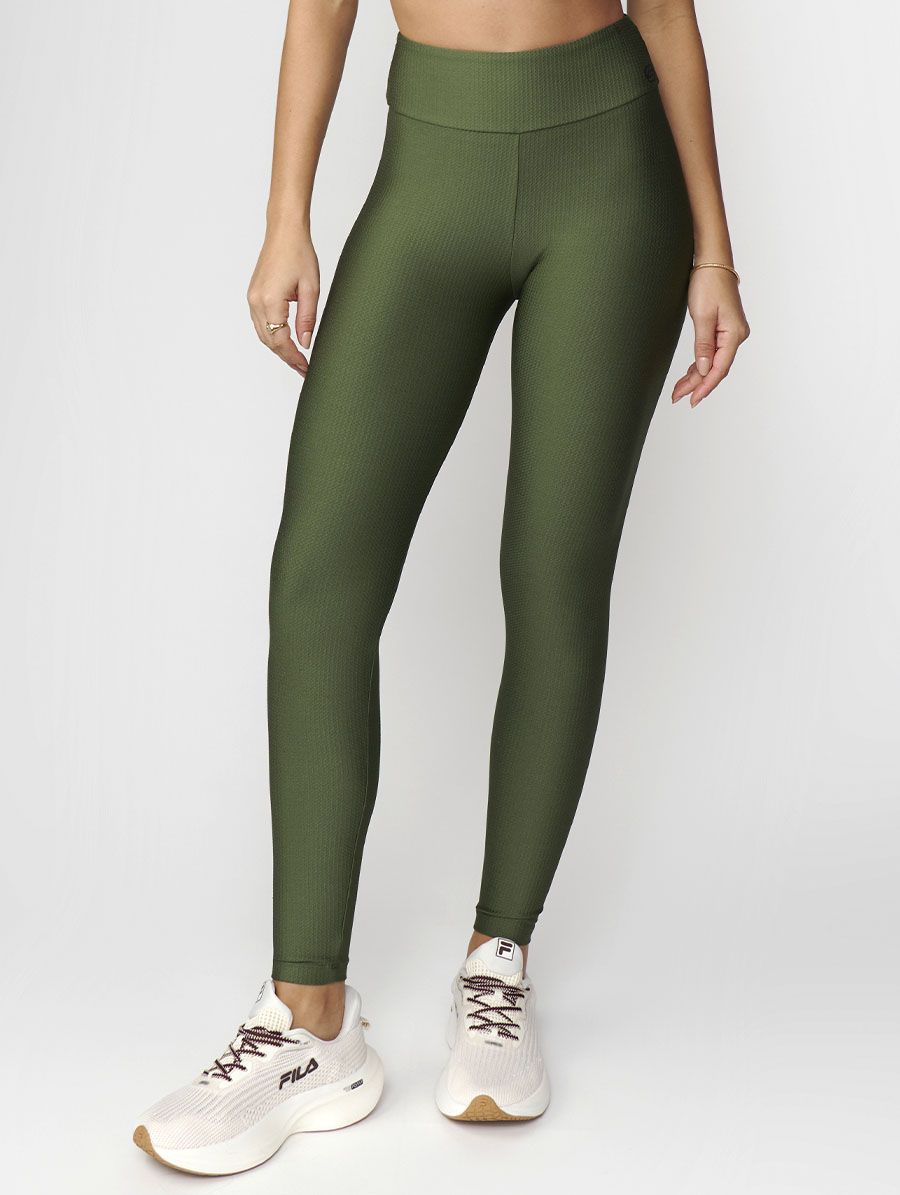 Calça legging verde cacto em Chevry texturizado com cós alto duplo média compressão proteção UV50+ Belles