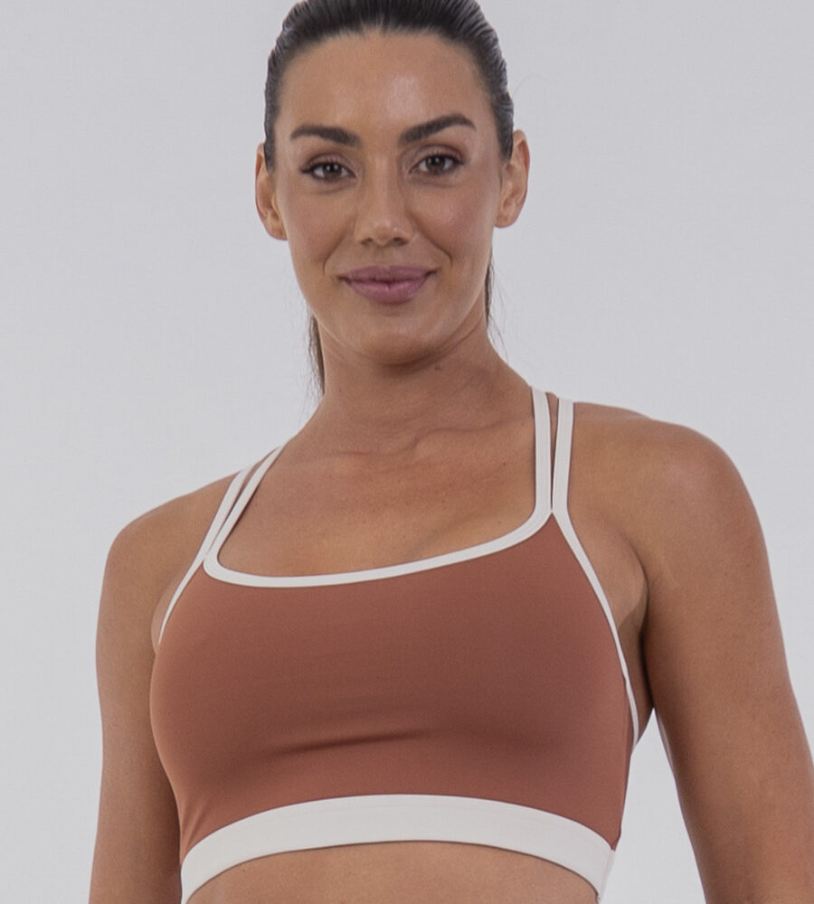 Top Nadador Bicolor Terracota e Off White Belles Active com alças duplas e Proteção UV 50+.