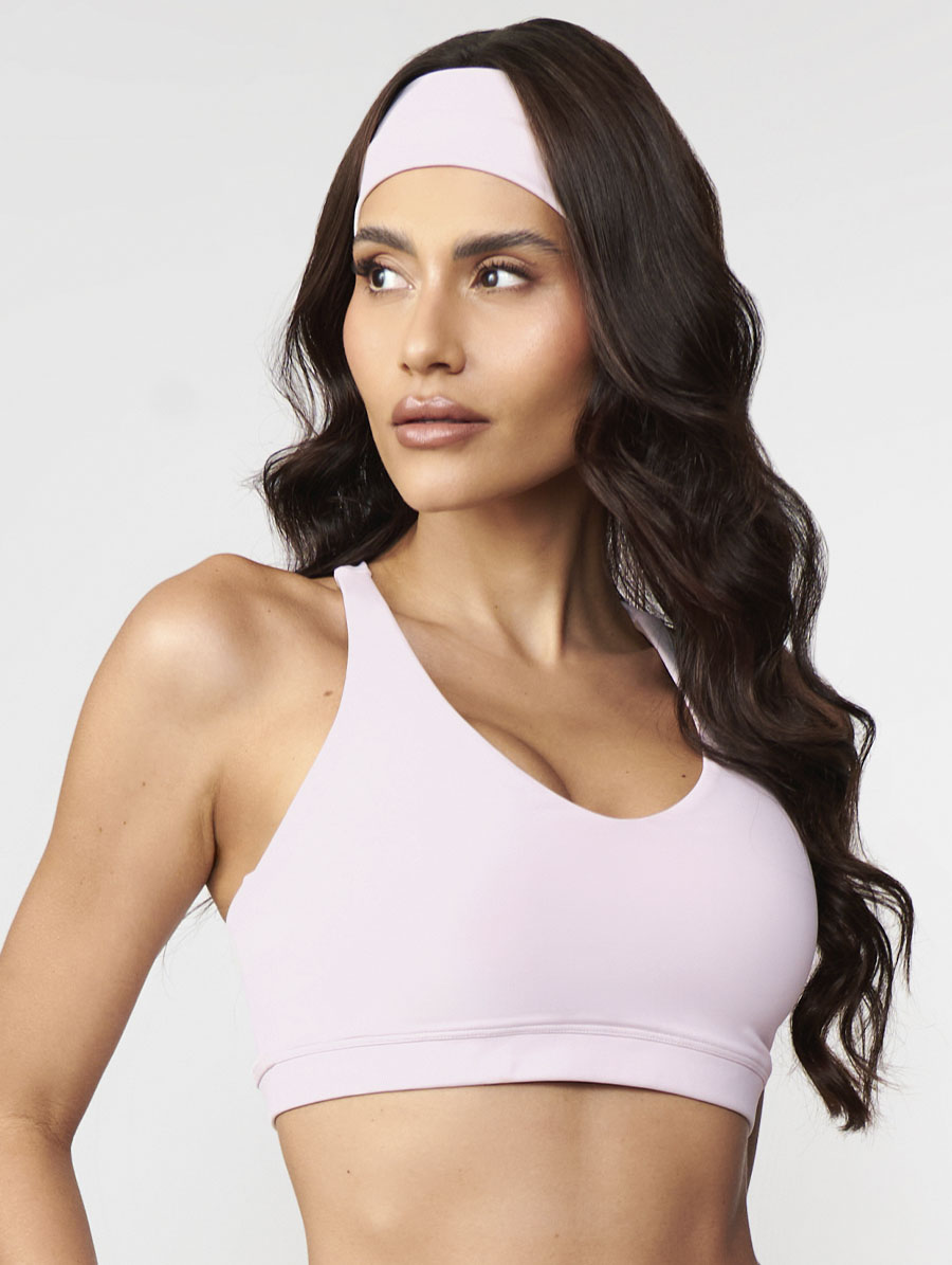 Top fitness rosa calmy com alças cruzadas elásticas toque gelado alta sustentação UV50+ Belles