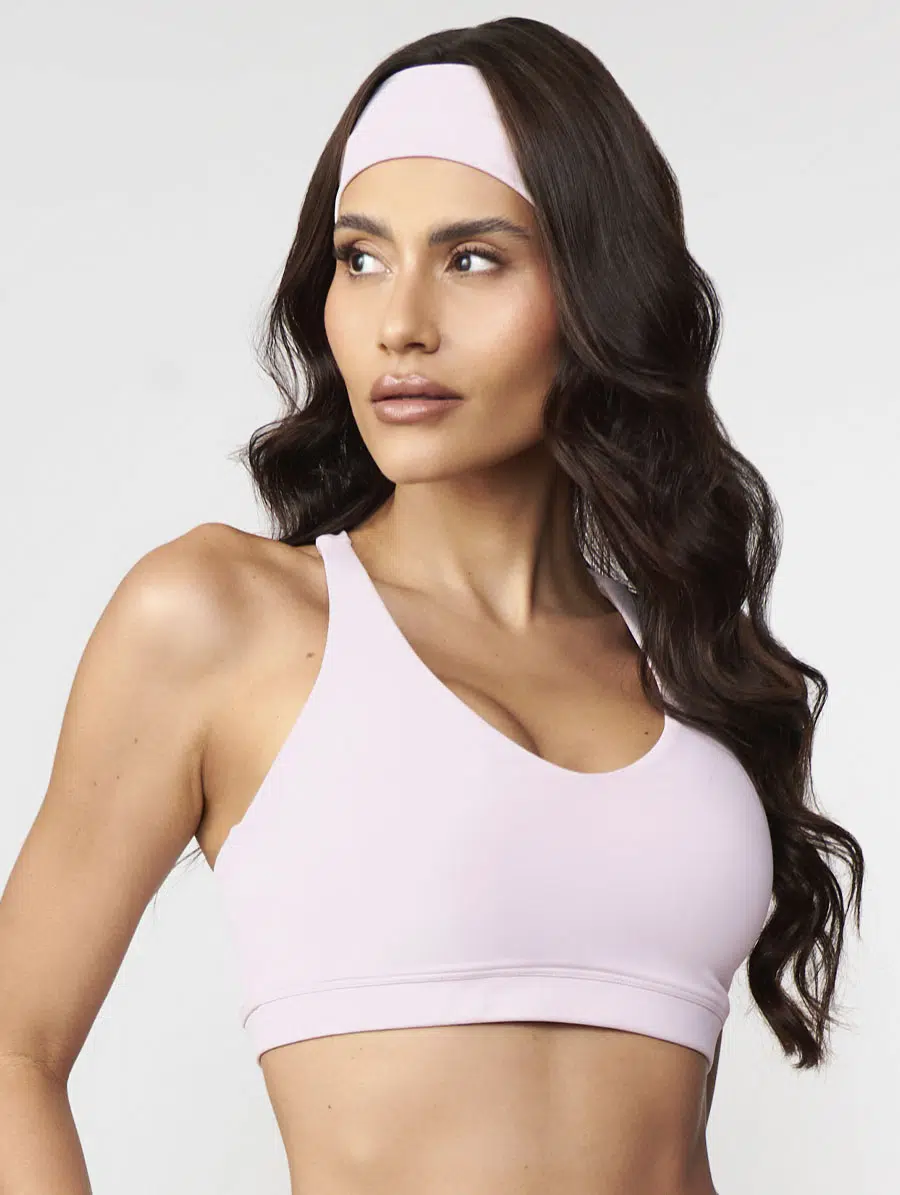 Top fitness rosa calmy com alças cruzadas elásticas toque gelado alta sustentação UV50+ Belles