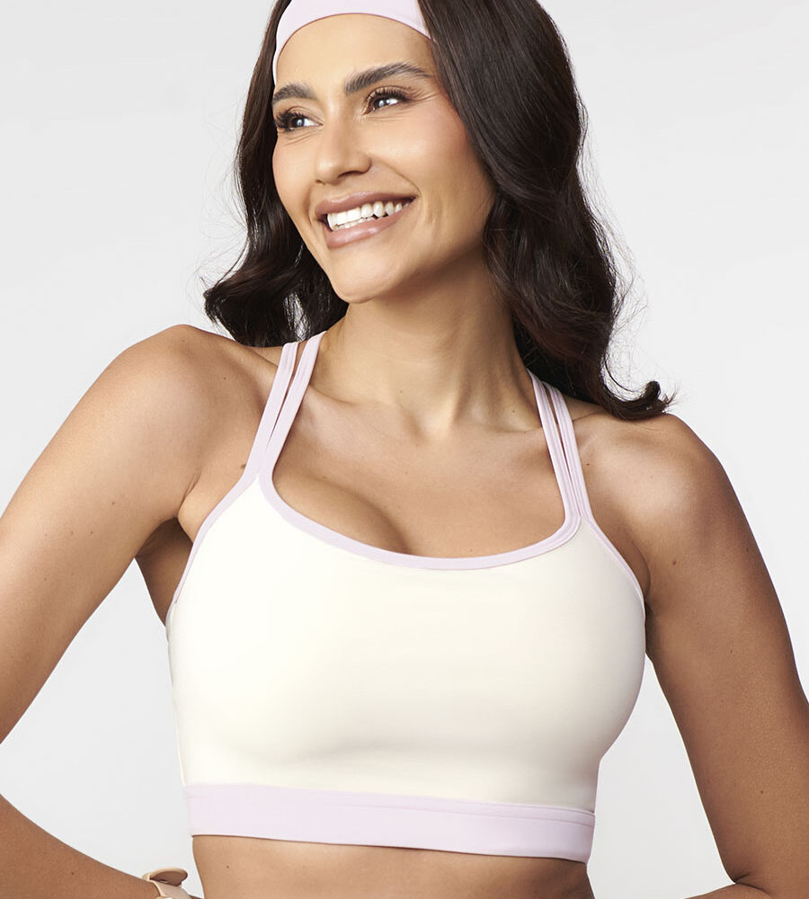Top fitness nadador bicolor off white luna e rosa calmy com costas vazadas toque gelado UV50+ Belles