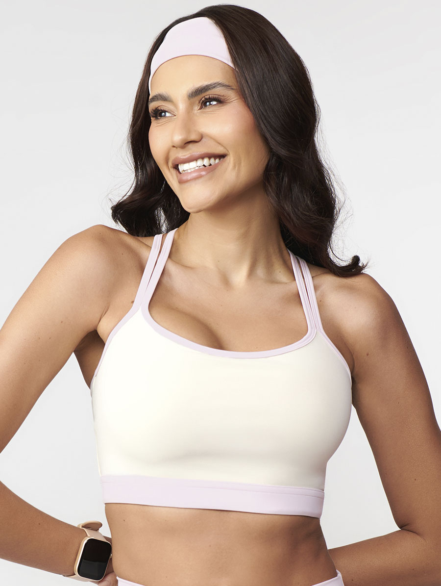 Top fitness nadador bicolor off white luna e rosa calmy com costas vazadas toque gelado UV50+ Belles