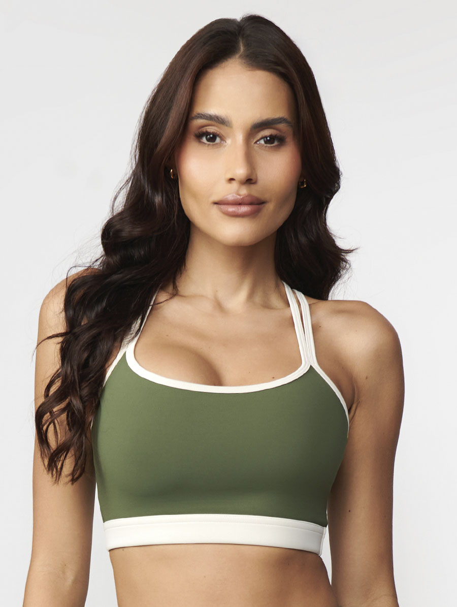 Top fitness nadador bicolor verde cacto e off white com alças duplas e costas vazadas média compressão UV50+ Belles