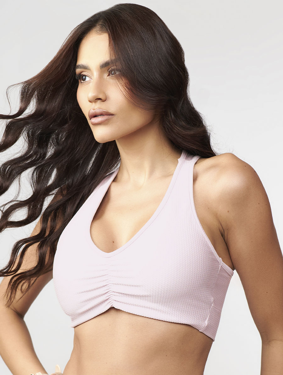 Top fitness nadador rosa calmy em Chevry texturizado com franzido central e bojo removível UV50+ Belles