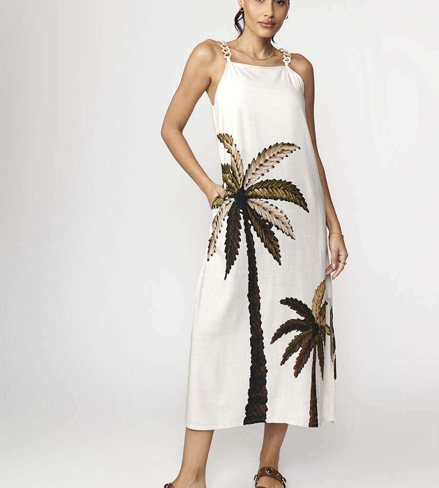 Vestido midi estampa coqueiro com fenda lateral leve e fresco para dias quentes Belles