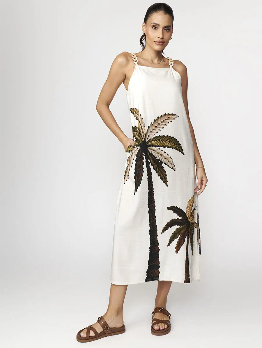 Vestido midi estampa coqueiro com fenda lateral leve e fresco para dias quentes Belles