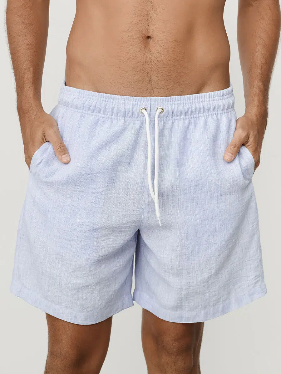 Bermuda masculina em linho azul com bolsos e cós ajustável Belles
