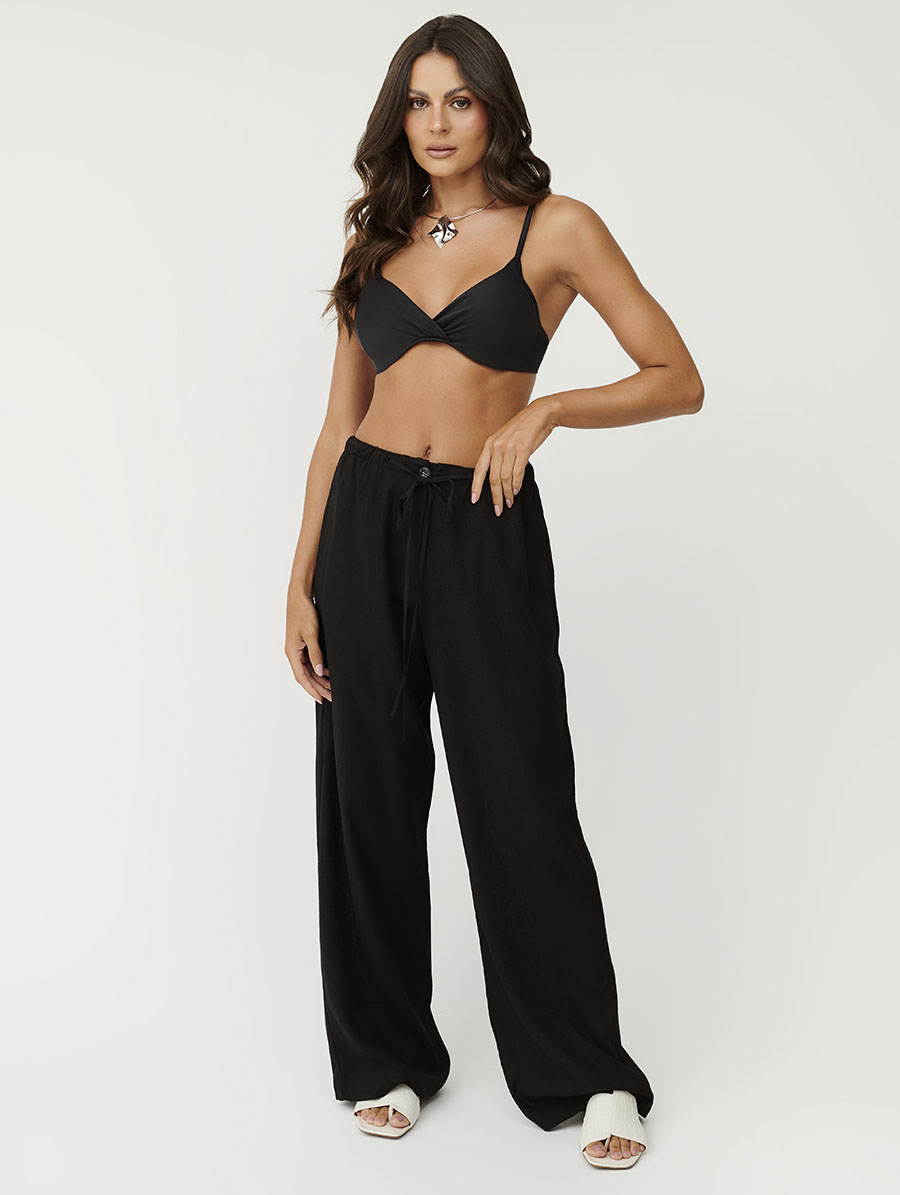 Calça comprida em linho preto com bolsos frontais e amarração na cintura Belles