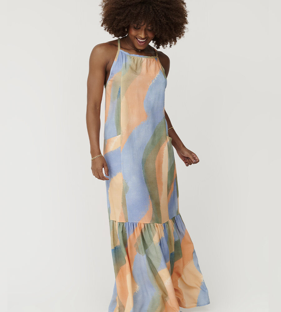 Vestido frente única estampa Maré em viscolinho com argola em resina e bolsos Belles