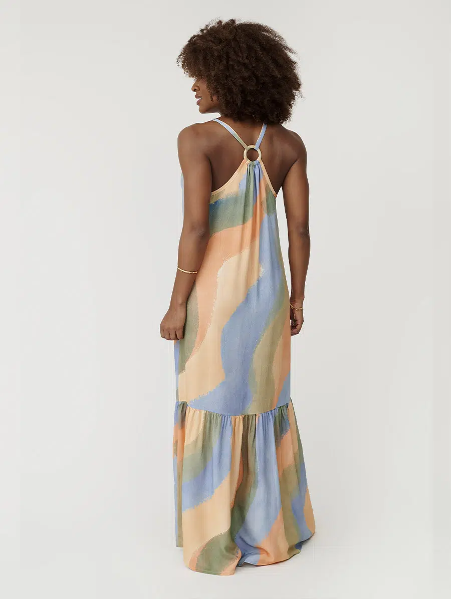 Vestido frente única estampa Maré em viscolinho com argola em resina e bolsos Belles