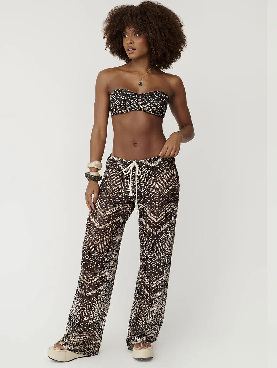 Calça pantalona estampa Orvalho em tecido de tela com amarração na cintura Belles