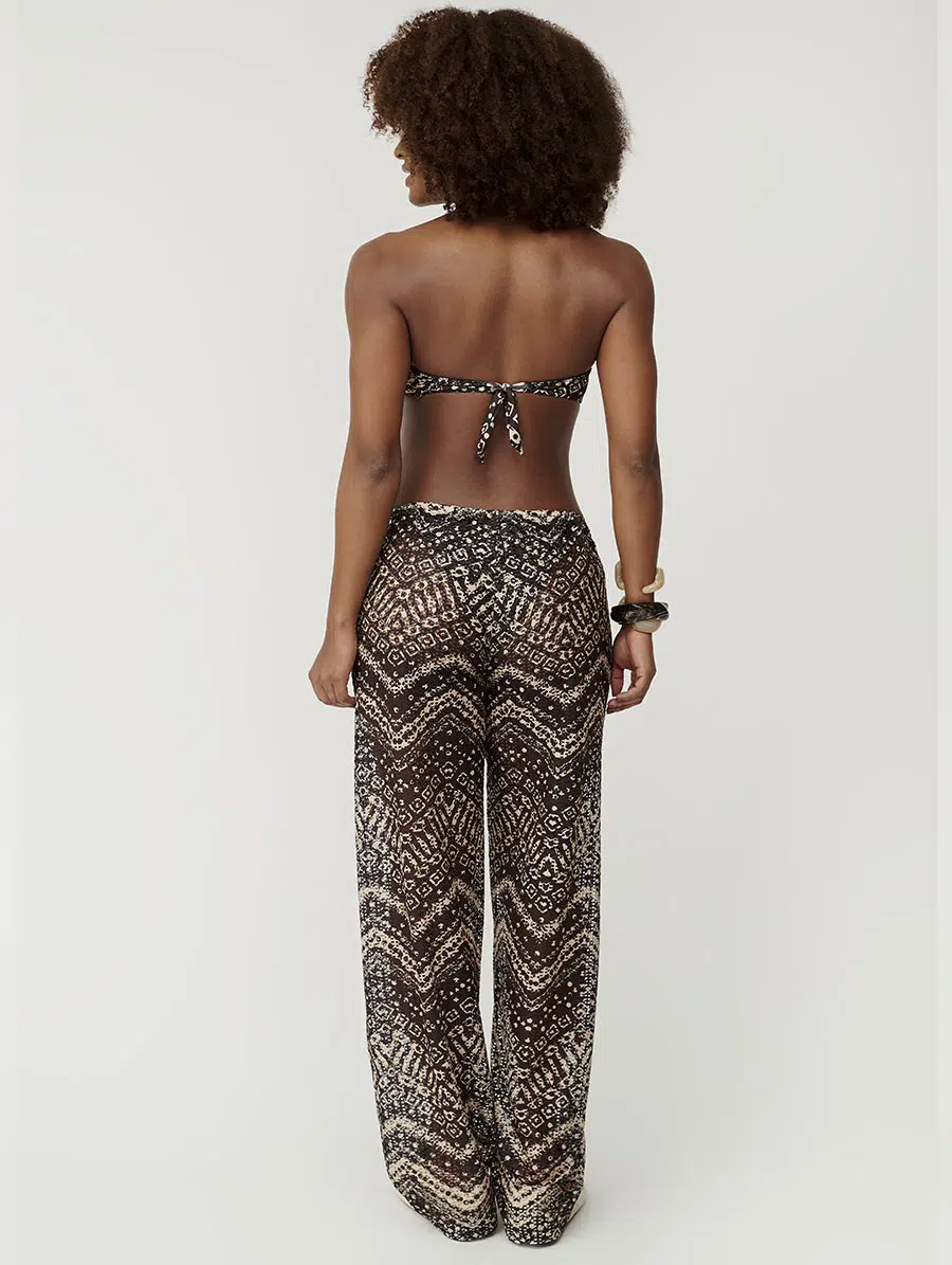 Calça pantalona estampa Orvalho em tecido de tela com amarração na cintura Belles
