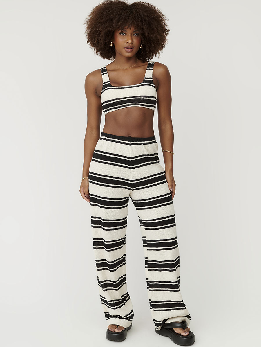 Calça reta em tricô listrado preto e branco com cintura elástica Belles