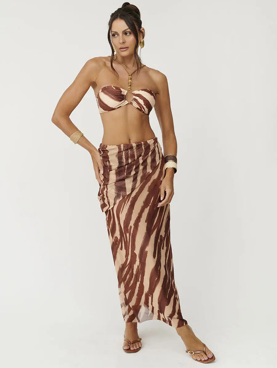 Saia midi em tule soft estampa Lúmen com detalhe franzido e cintura elástica Belles