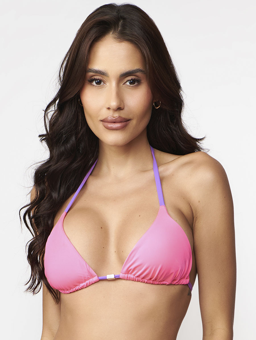 Conjunto biquíni neon bicolor rosa e roxo com top cortininha e calcinha lacinho Belles